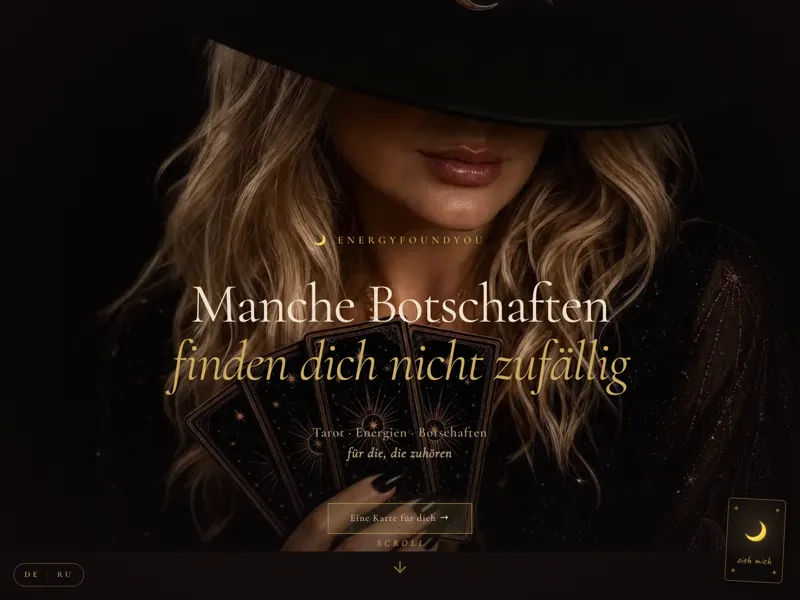 Screenshot der Website energyfoundyou.com — dunkler, mystischer Hero mit Porträt und goldener Typografie