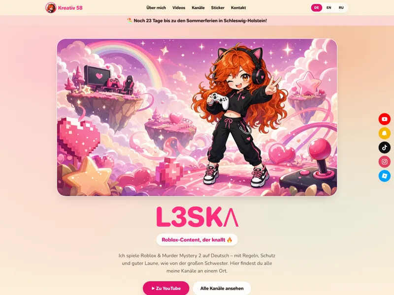Screenshot der Website kreativ58.de — bunter Gaming-Hero in Rosa mit Anime-Charakter